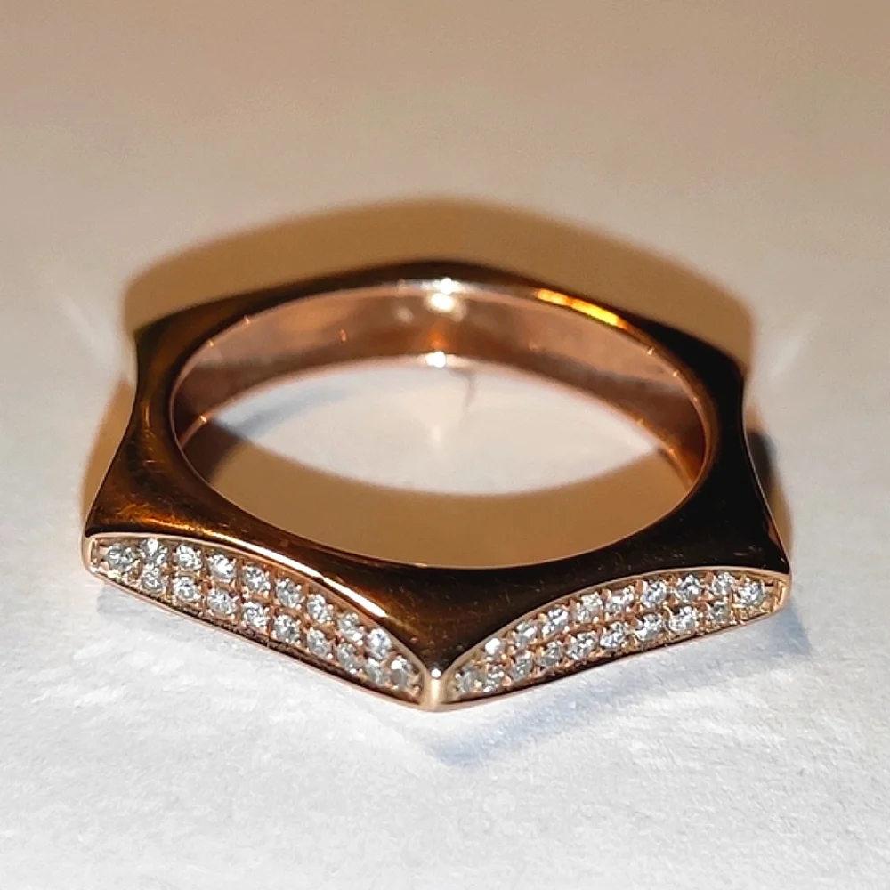 Solid 14K Rose Gold Diamonds Hexagon Ring